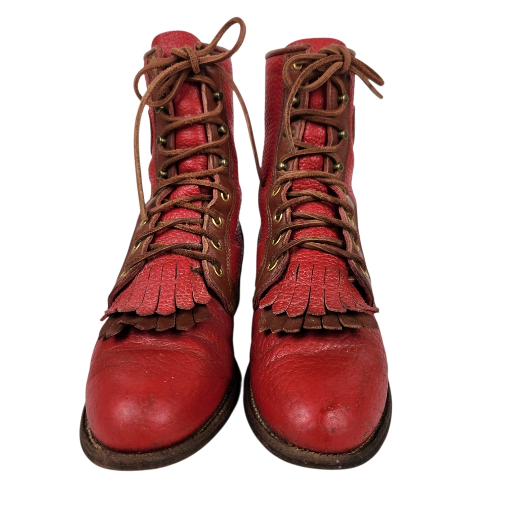 Justin Vintage Red Leather Brown Trim Lace Up Roper Western Boots Womens Size 6 - Picture 6 of 12